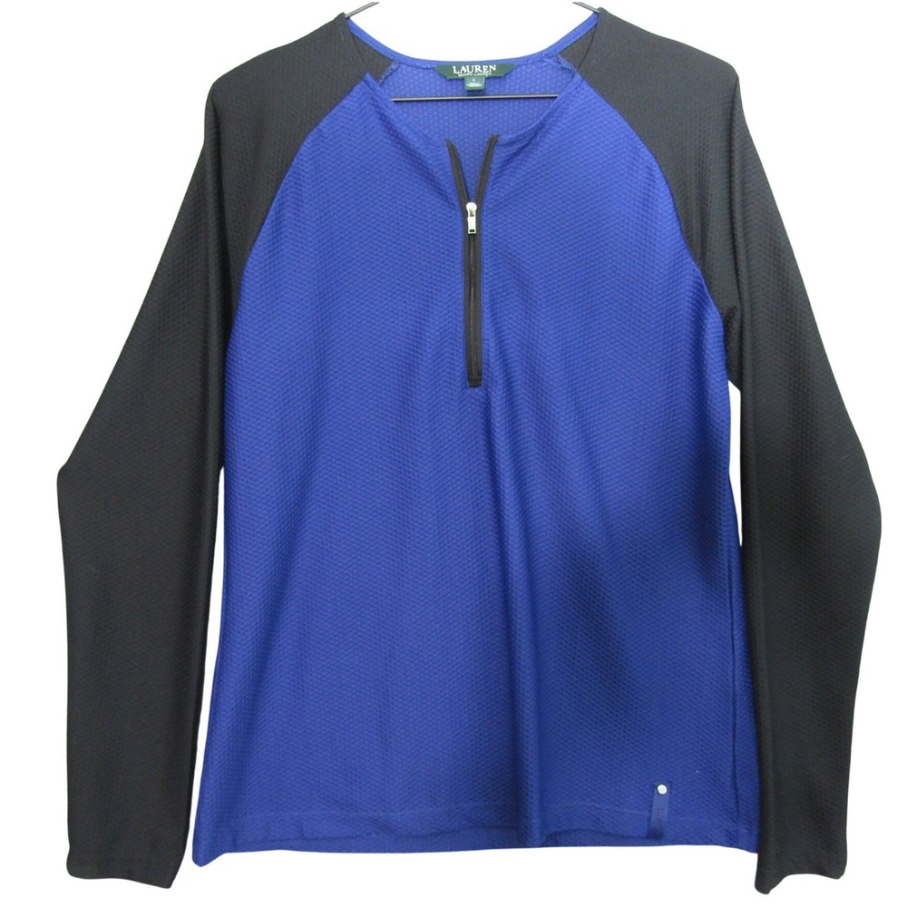 Lauren Ralph‎ Lauren Quarter Zip Pullover Womens Large Blue Black Good Textured